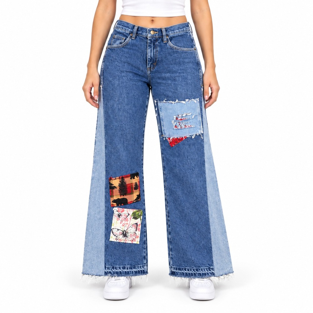 Wrangler Womens Wide Leg Jeans 29x31 8 Reworked Patchwork Y2K Upcycled OOAK